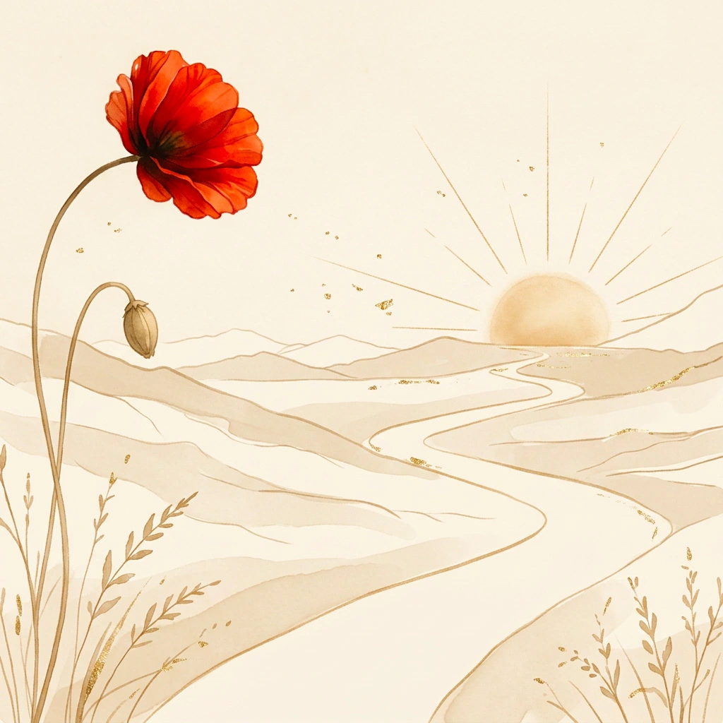 Illustration d'un chemin menant vers un couché de soleil, un coquelicot sur la gauche