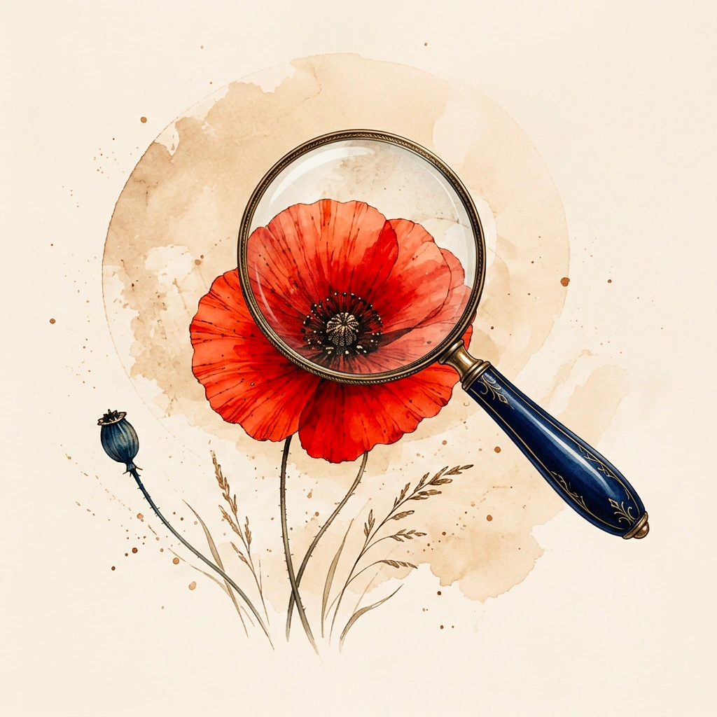 Coquelicot observé à travers une loupe, symbolisant l’introspection